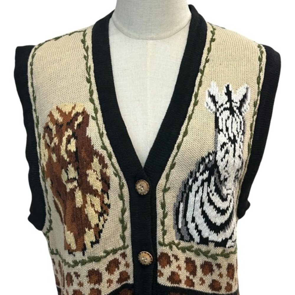 Vintage 90s Eagles Eye Safari Zebra Knit‎ Vest Size L Lion Animal Print African - Picture 2 of 15